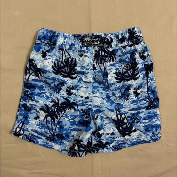 Janie and Jack Boys Blue Black Swim Trunks Ocean and Palm Tree Graphic Size 5 - Picture 5 of 5
